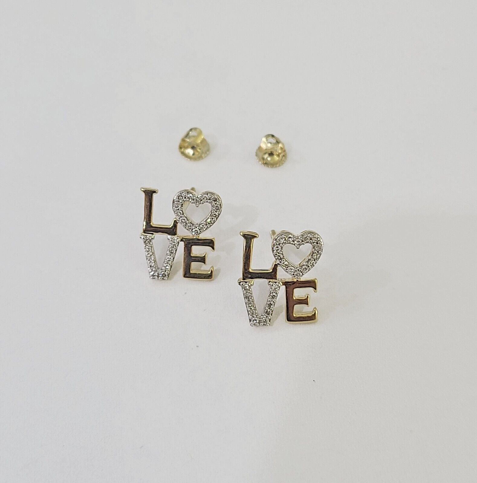 10k Yellow gold LOVE Heart Earrings Real Diamond screw - back Women Men studs - GoldenlinQ